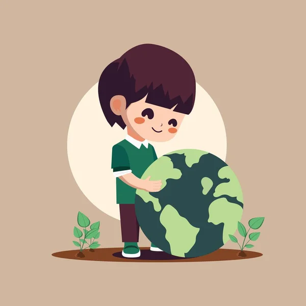 Netter Junge Mit Erdkugel Und Pflanzen Auf Dunkelbeigem Hintergrund — Stockvektor