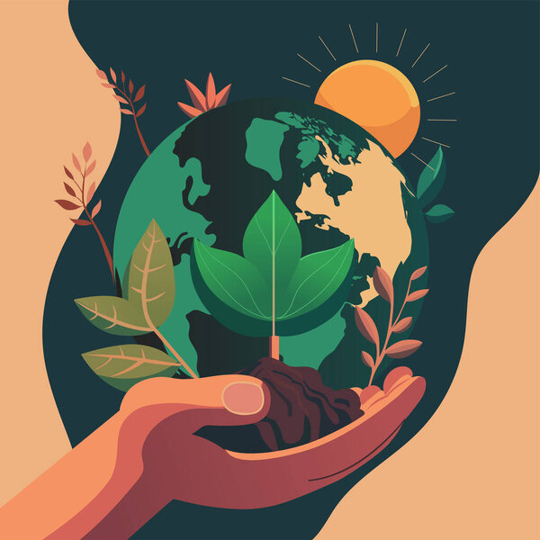 Человеческая рука защищает растение с солнцем за землёй Глобус на пастельно-оранжевом и бирюзовом фоне.