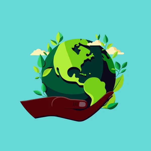 Människohand Skydda Jorden Globen Med Gröna Blad Cyan Bakgrund — Stock vektor
