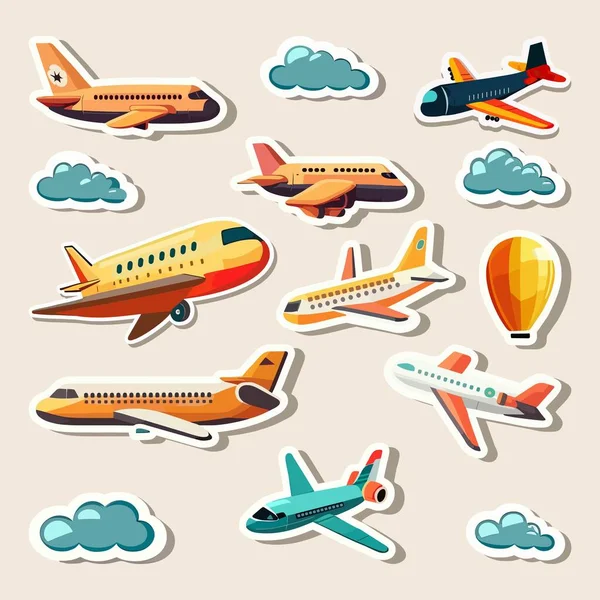 Conjunto Aviões Estilo Adesivo Elementos Nuvens Fundo Pêssego —  Vetores de Stock