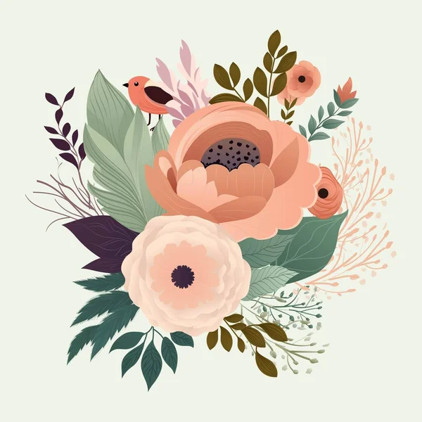 Βοτανική Σύνθεση Όμορφα Λουλούδια Φύλλα Μπουμπούκια Και Χαριτωμένο Πουλί Μπεζ — Διανυσματικό Αρχείο