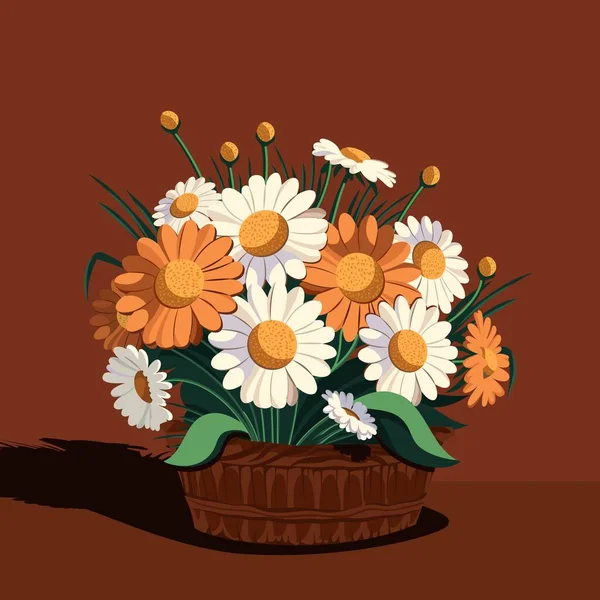 在琥珀色背景的篮子里 漂亮的雏菊花束 — 图库矢量图片