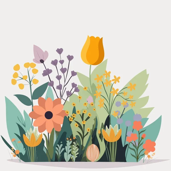 Kleurrijke Bloemen Met Knoppen Bladeren Versierd Grijze Achtergrond Botanische Samenstelling — Stockvector