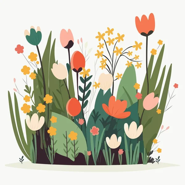 Kleurrijke Bloemen Met Knoppen Bladeren Versierde Achtergrond Botanische Samenstelling — Stockvector
