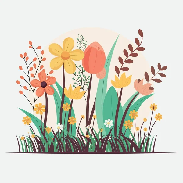 Platt Blommor Med Blad Bär Stem Gräs Grå Bakgrund Botanisk — Stock vektor