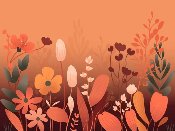 Fiori Vettoriali Con Foglie Boccioli Decorati Sfondo Arancione Composizione Botanica — Vettoriale Stock