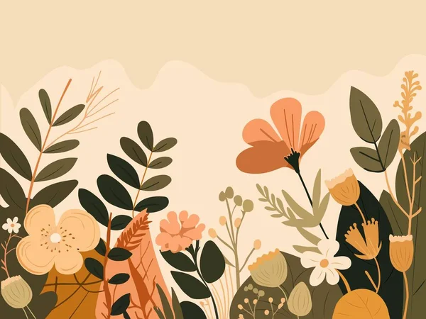 Blumen Mit Blättern Knospen Auf Pastellfarbenem Pfirsich Hintergrund — Stockvektor