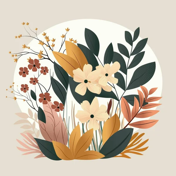 Цветы Листьями Украшенные Бежевом Фоне Ботанический Состав Поздравительной Открытки — стоковый вектор