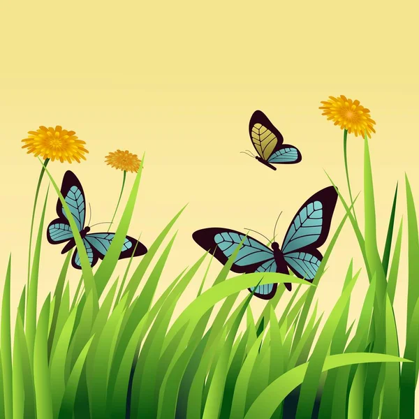Hermosas Mariposas Volando Con Margaritas Flores Sobre Hierba Hojas Fondo — Vector de stock