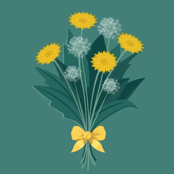薄緑色の背景に黄色の弓リボンで結ばれたタンポポの花の束 — ストックベクタ