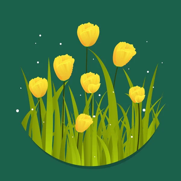 绿色背景上装饰的黄色郁金香花 — 图库矢量图片