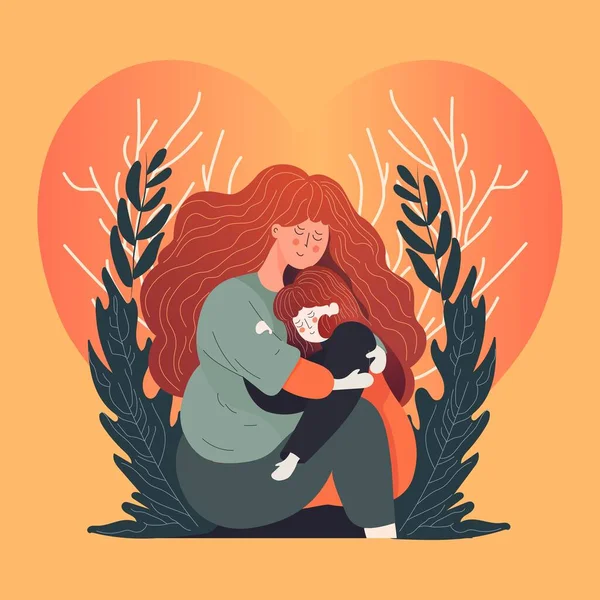 Εικονογράφηση Της Νεαρής Γυναίκας Αγκαλιάζει Ένα Κορίτσι Και Αφήνει Πορτοκαλί — Διανυσματικό Αρχείο