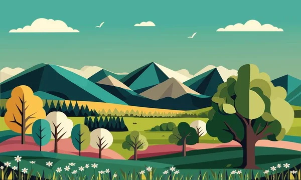 Красочный Пейзаж Природы Фон Горами Деревьями Цветами — стоковый вектор