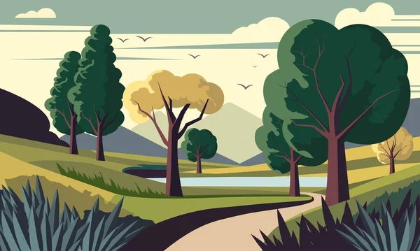 Φόντο Τοπίου Της Φύσης Βουνά Δέντρα Και Ένα Μονοπάτι — Διανυσματικό Αρχείο