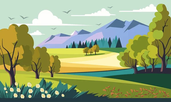Красивый Природный Ландшафт Горами Деревьями Цветочными Летающими Птицами — стоковый вектор