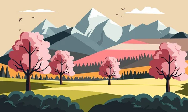 Дивовижний Краєвид Горами Деревами Літаючими Птахами — стоковий вектор