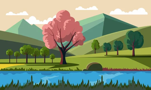 Krásná Přírodní Krajina Pozadí Rybníkem Nebo Řekou Stromy Hory — Stockový vektor