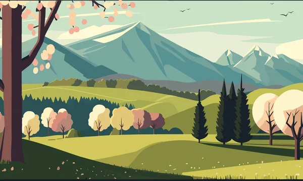 Hermosa Naturaleza Paisaje Fondo Con Montañas Árboles Ilustración — Vector de stock