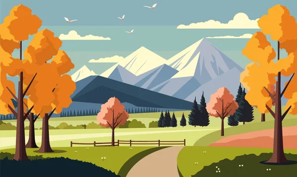 Beautiful Nature Landscape Background Mountains Trees Pathway — Stock Vector