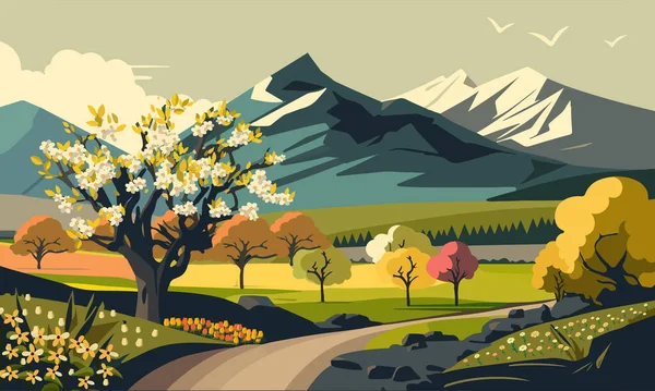 Printemps Nature Paysage Fond Avec Montagnes Floral Oiseaux Volants Chemin — Image vectorielle