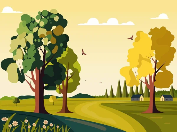 Nature Paysage Arrière Plan Avec Arbres Oiseaux Volants Illustration Chalet — Image vectorielle