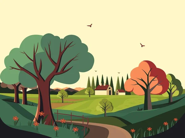 Пейзаж Природы Горами Деревьями Тропинкой Летающими Птицами Иллюстрацией Коттеджа — стоковый вектор