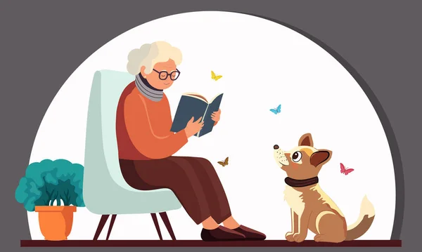 老年妇女在可爱的狗 植物盆 灰色背景和白色背景的蝴蝶前的扶手椅边看书 — 图库矢量图片
