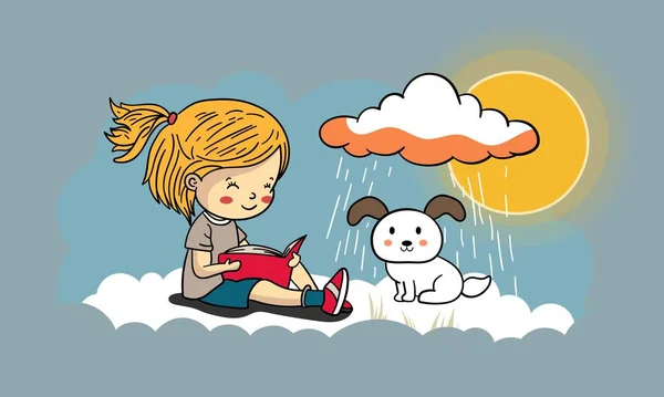 Мила Дівчина Читає Книгу Мультяшною Собакою Сонці Дощем Хмарний Фон — стоковий вектор