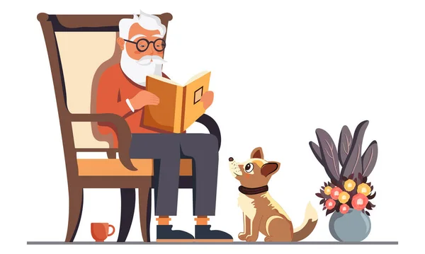 上了年纪的胡子男人在狗面前的椅子上读一本书 白底花盆 — 图库矢量图片