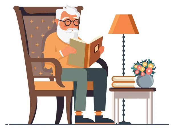 Starší Vousáč Muž Čtení Knihy Židli Blízkosti Květinové Rostliny Květináč — Stockový vektor