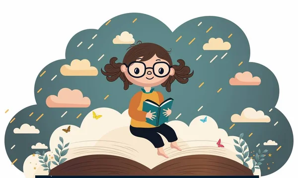 かわいい女の子キャラクターが蝶とオープンブックに座って 雨の雲の上に残します背景 — ストックベクタ