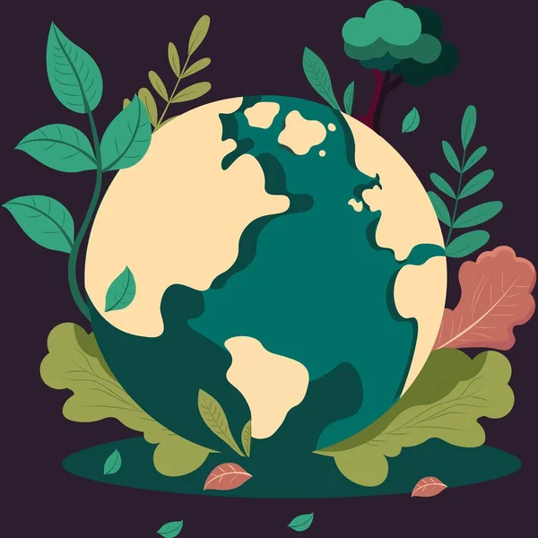 Vector Illustration Earth Globe Planet Surrounded Leaves Tree Dark Purple — Stock Vector