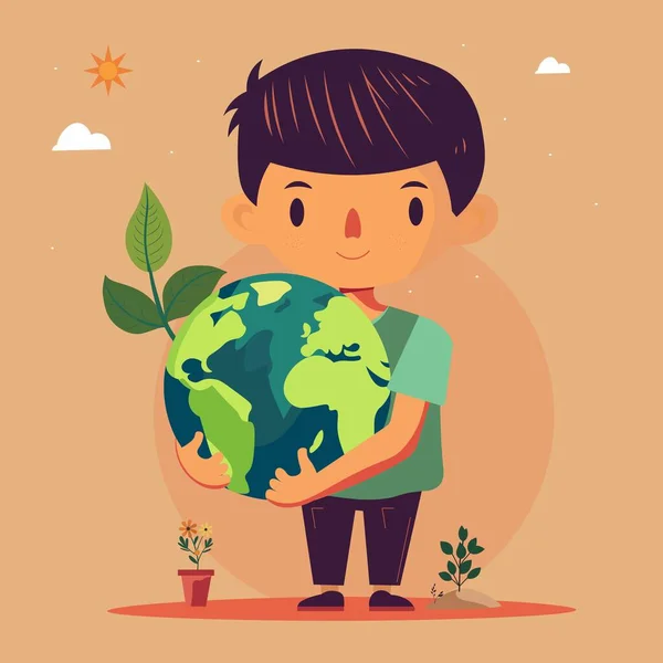 Söt Pojke Karaktär Som Håller Jorden Globen Med Växter Solen — Stock vektor