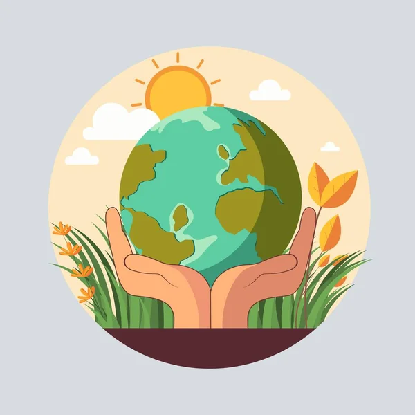 草と花と太陽と桃と灰色の背景で地球球を保護する人間の手のイラスト — ストックベクタ
