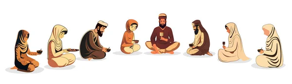 イスラム教徒の男性と女性のキャラクターが一緒に名誉時間やイフタールパーティーを祝う イスラム聖月祭のコンセプト — ストックベクタ