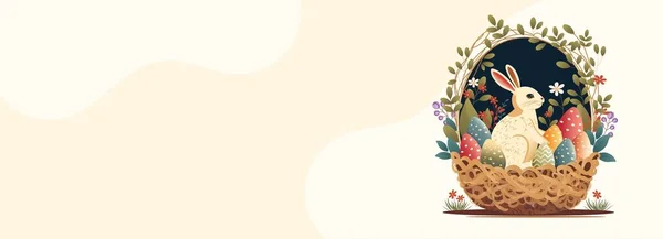 ベージュの背景に花のバスケットの中にカラフルな卵とかわいいバニー文字のサイドビューとコピースペース ハッピーイースターの日のコンセプト — ストックベクタ