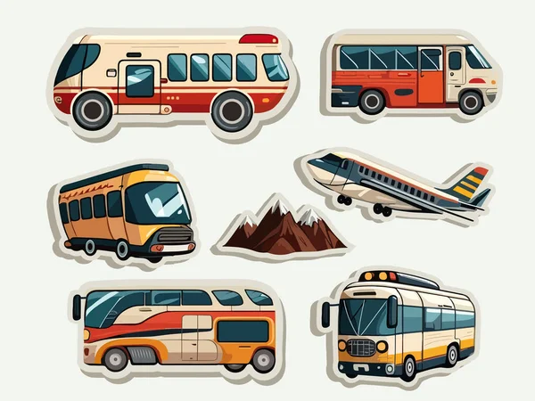 Verzameling Van Vervoer Als Bus Vliegtuig Berg Pictogrammen Sticker Stijl — Stockvector