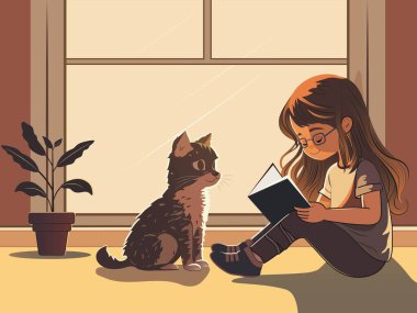 Şirin kedisi olan bir kitap okuyan genç bir kız. Oturan, kahverengi pencereye vazo koyan ve sarı arka planda oturan..