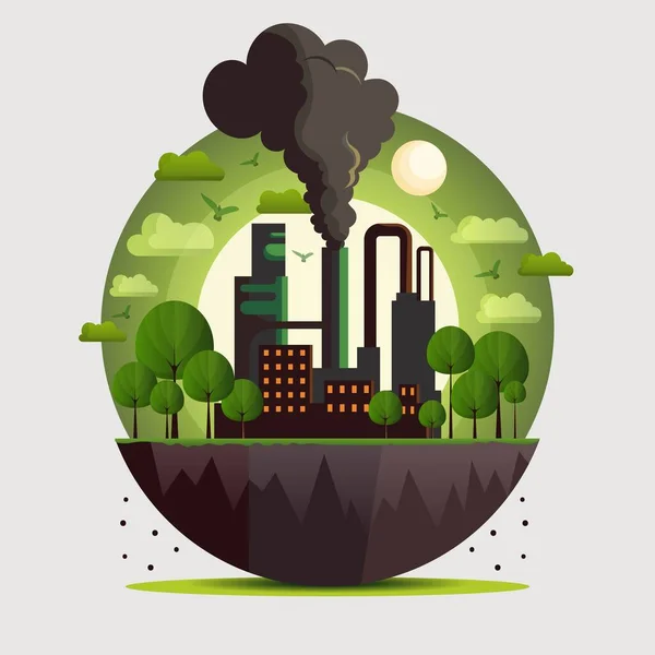 地球の半分に工場と木地球の背景と太陽 生態系と汚染の概念 — ストックベクタ