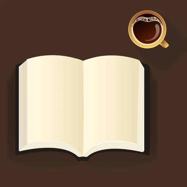 ページを空にしたオープンブックのトップ表示 ダークブラウンの背景にティーカップ要素 — ストックベクタ