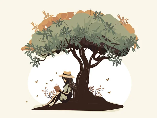 白い背景の木の下で本を読む若い女の子のベクトルイラスト — ストックベクタ