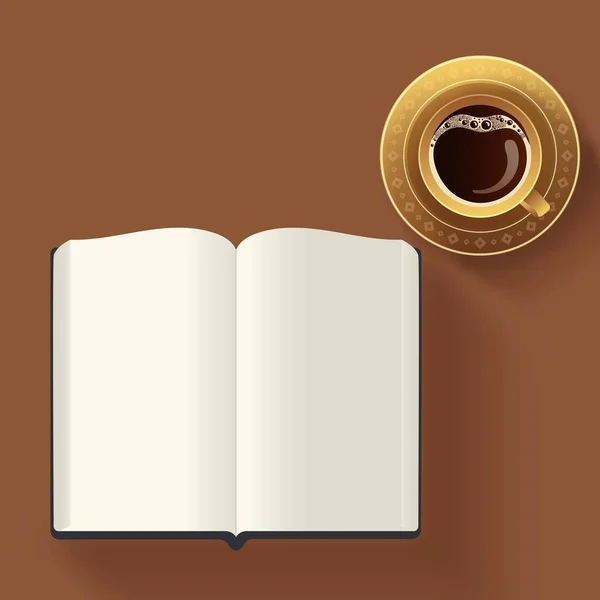 ブランクページ付きオープンブックのトップ表示 茶色の背景のティーカップ要素 — ストックベクタ
