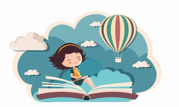 Cute Girl Character Sitting Open Book Hot Air Balloon Clouds — Stock Vector