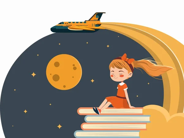かわいい女の子キャラクターがブックスタックと飛行機の夜空の背景に座って — ストックベクタ