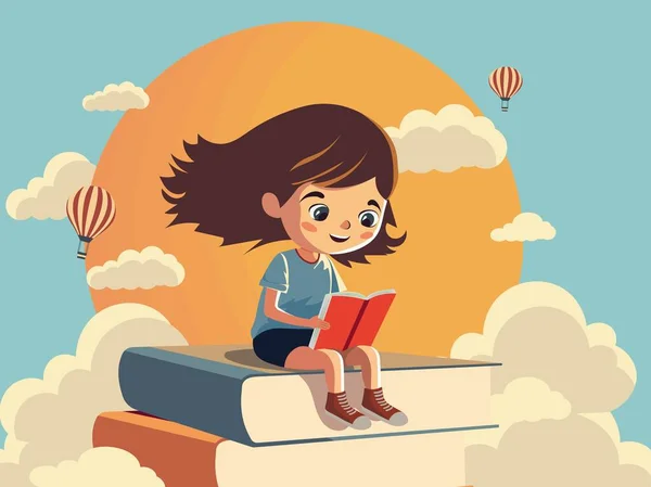 Chica Sonriente Personaje Lectura Libro Pila Libros Texto Con Nubes — Vector de stock