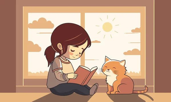 Nette Mädchenfigur Liest Ein Buch Mit Entzückender Katze Die Zusammen — Stockvektor