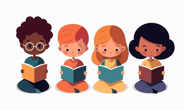 Cartoon Kids Character Reading Book Seitting Pose — Stockový vektor