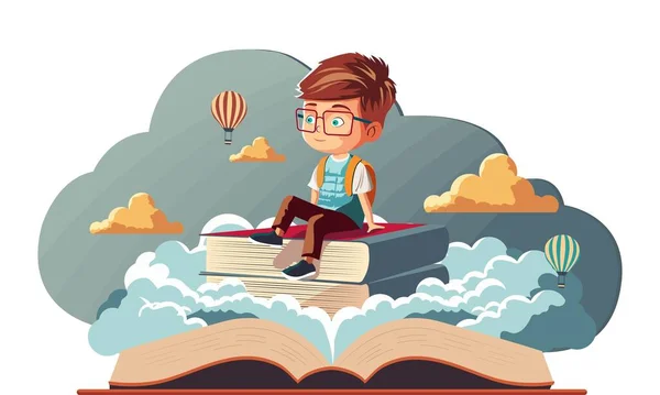 学生少年キャラクターが雲の上に熱気球でブックスタックに座っている背景 — ストックベクタ