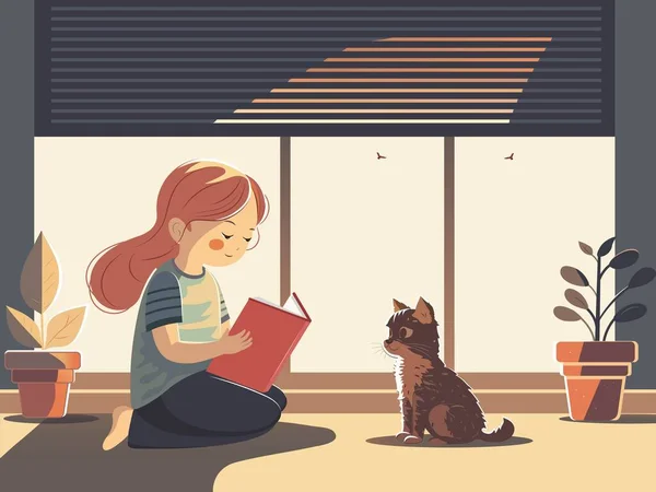 Junge Mädchenfigur Liest Buch Mit Süßer Katze Pflanzt Vase Offenen — Stockvektor