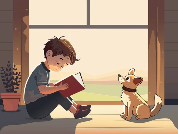 Söt Pojke Karaktär Läsa Bok Med Bedårande Hund Sitter Växt — Stock vektor